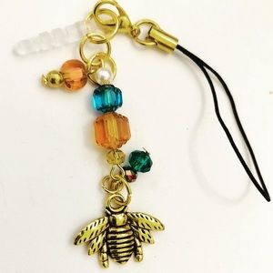 Gold Bumble Bee Phone Charm w Blue Orange Beads
